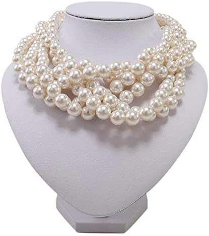 Kalse Simulated Pearl White Beads Cluster Statement Chunky Bib Short Choker Necklace 16 17 18 inch