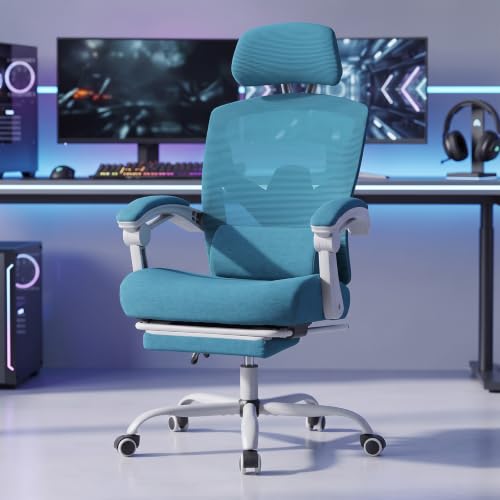 Image of DUMOS Home Office Desk Chair with Footrest, High-Back Mesh Rolling Swivel Reclining Chairs with Wheels, Comfortable Headrest, Lumbar Support, Comfy Arms for Home, Office, Gaming, Student, Elegant Blue