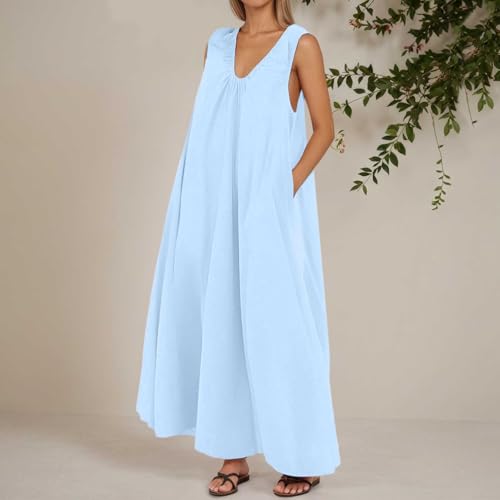 Robe d'été fluide pour femme en couleur unie décontractée col en U - 2