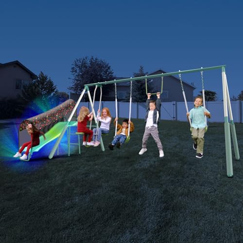Sportspower Arcadia Light Zone Metal Swing Set for Kids, Outdoor Playset with LED Light-Up 5ft Slide, Slide Tunnel, Swings & Trapeze, 6ft Heavy-Duty Steel Frame, 600lbs Capacity