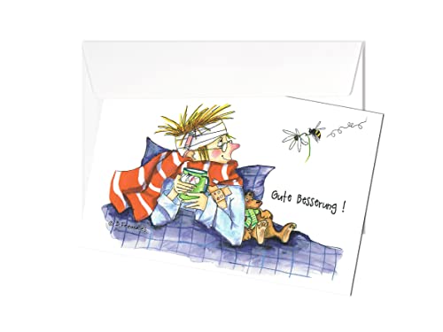 Grußkarte | Gute Besserung! | Mann im Bett mit Tee | Postkarte Klappkarte Karte mit Briefumschlag | Künstlerin: Barbara Freundlieb