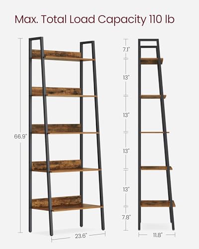 Image of VASAGLE Bookshelf, 5-Tier Narrow Book Shelf, 11.8 x 23.6 x 66.9 Inches, Ladder Shelf for Home Office, Living Room, Bedroom, Kitchen, Rustic Brown and Ink Black ULLS067B01