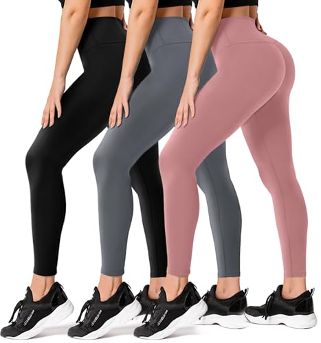 FULLSOFT 3 Pack Leggings for Women Non See Through-Workout High Waisted Tummy Comtrol Black Yoga Pants for Gym Hiking Running Dance(Black, Dark Grey, Rosy Brown, S-M)