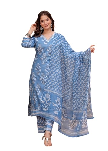 Image of MEERA FAB Women's Cotton Blend Straight Printed Kurta with Palazzo & Dupatta