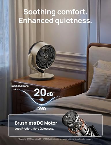 Image of DREO 16''Height 20dB Quiet Smart Fans for Bedroom, DC Room Fan with Remote, 120+120 Omni-Directional Oscillating Fan, 6 Modes, 9 Speeds, 12H Timer, Alexa /Google /WiFi /Voice Control, Gold