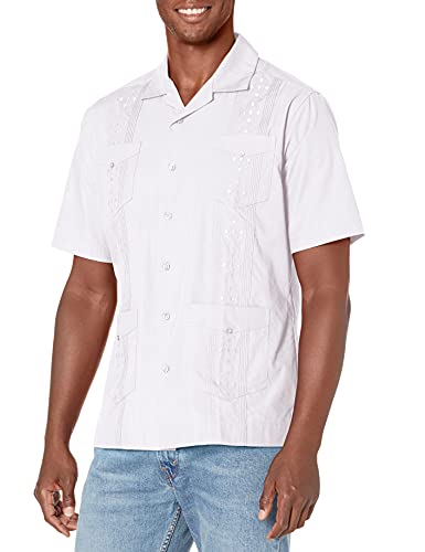 Cubavera, Camisa Guayabera Bordada auténtica de Tela Transpirable para Hombre, con Cuatro Bolsillos, Cuello de Campamento, Manga Corta con Botones, Blanco Puro, XX-Large