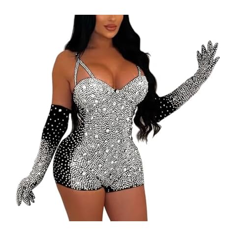 NIFTRIRY Sequin Jumpsuits for Women Straps One Piece Jumpsuits for Women Party Club Outfits with Gloves Cover