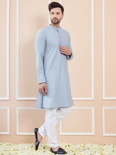 Image of See Designs Men Full Sleeve Sleeve Side Slit Mandarin Collar Cotton Solid Straight Kurta with Pyjama