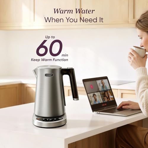 Image of Cosori Stainless Steel Electric Kettle with Temperature Control, 1.7L | No Plastic Contact with Water, 5 Presets, ±5F Temp Control, 60-Min Keep Warm, Dual Lid Opening, Tea, Coffee & Hot Water