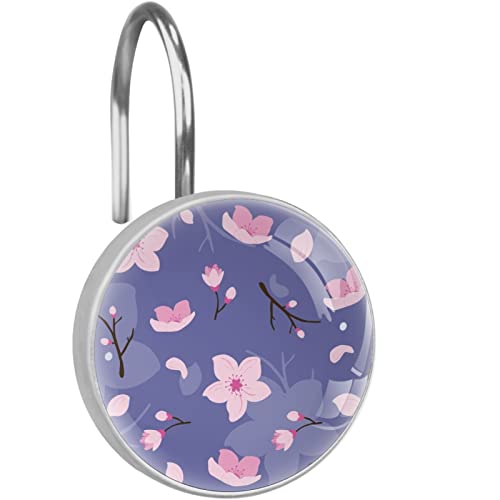 Pink Cherry Blossom Purple Background 12PCS Rustproof Stainless Steel Shower Curtain Hooks, Shower Curtain Rings - Shower Hooks for Curtain Shower Rings, 3.7x3.7cm