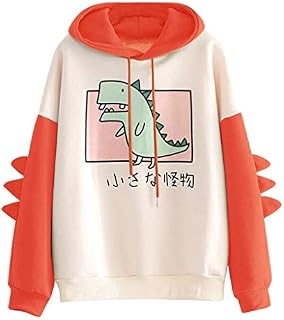 beetleNew Womens Hooded Sweatshirt Novelty Cute Cartoon Dinosaur Hoodie with Drawstring Splice Long Sleeve Animal Letter Print Tops Teen Girl Casual Hoody Pullover T-Shirt Tee