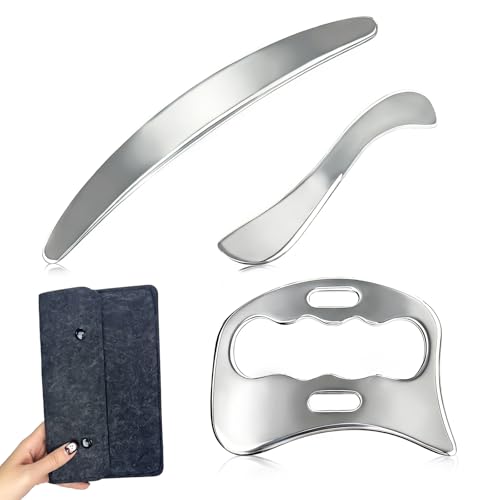 Gua Sha zestaw 3 w 1, Gua Sha ze stali nierdzewnej z filcową torbą do przechowywania, narzędzie do masażu powięzi, rozluźnienia mięśni nóg, pleców, twarzy i karku
