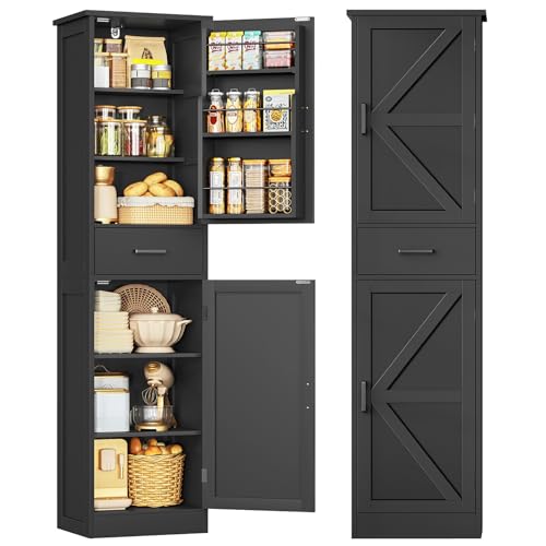 Image of TEENFON Tall Storage Cabinet with 3 Door Shelves & 1 Drawer, Narrow Kitchen Pantry Cabinet for Living Room, Bathroom, Entryway, Black