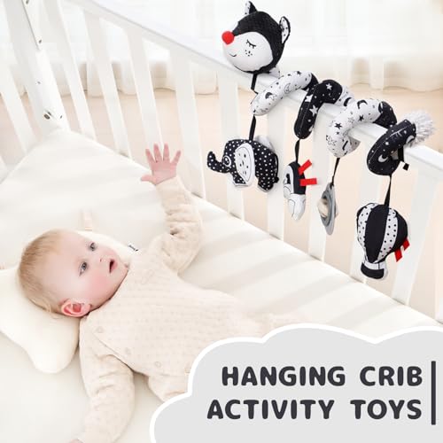 Image of Koty Car Seat Toys, Infant Baby Spiral Plush Activity Hanging Toy for Stroller Bar Pram Crib with Music Box BB Squeaker & Rattles(Black Fox)