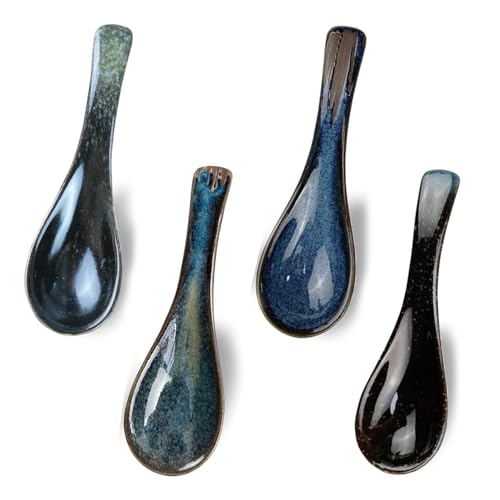 4Pcs Ramen Spoon Set Chinese Soup Spoons for Authentic Asian Cuisine Japanese Style Blue Ceramic Soup Spoons for Ramen Pho and Noodle Dishes