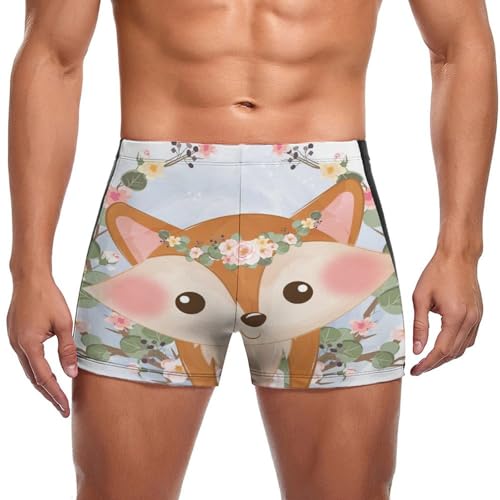 Boxer de bain homme avec imprimé artistique renard mignon et fleurs