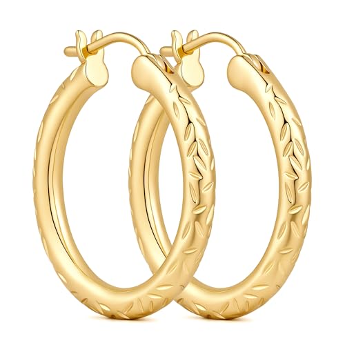 Lamdesa Gold Hoop Earrings 14K Gold Earrings for Women 14K Gold Hoop Earring for Women Leaf-Inspired Engraved Texture Hoops Earring for Womens Hoops 25/30MM (30MM)