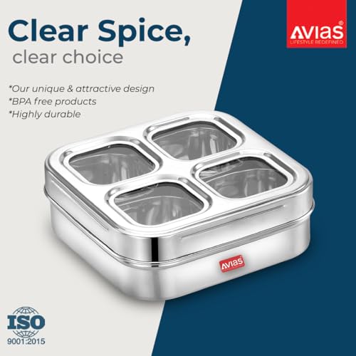 Image of AVIAS 4 Square Stainless Steel Masala Box for Kitchen, Spice Box with See-Through Lid, 4 Containers Masala Dani /Dabba, Dry Fruit Organiser, Food Grade Rust-Free Steel, Design 17.5cm, Silver