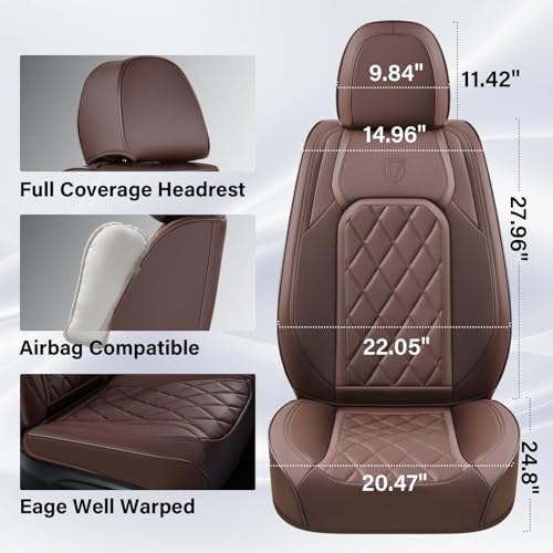 Image of Coverado Front Seat Covers, Car Seat Covers Front Seats, Luxury Faux Leather Seat Covers for Cars, Car Seat Protector Waterproof, Automotive Driver Seat Cover Universal Fit for Most Cars, Brown