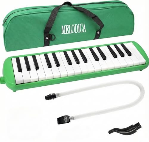 Image of PERLMAN 32 Keys Melodica Instrument, Soprano Melodica for Kids Air Piano Keyboard Pianica with Soft Long Tubes, 1 Short Mouthpiece and Carrying Bag (Green)