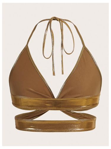 OYOANGLE Women's Metallic Twist Front Halter Tops Deep V Neck Backless Wrap Crop Cami Top2