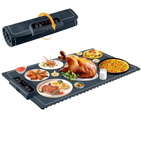 Image of Food Warming Mat- Foldable Warming Mat for Food with Adjustable Temperature Control Time Moders Locking Function Electric Warming Tray for Parties,Home,Travel,Buffet, Dark Blue