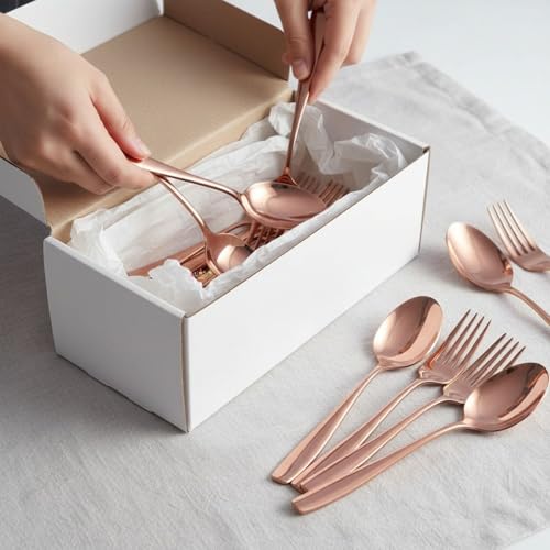 Image of 12-Pcs. Rose Gold Cutlery Set - Luxury Stainless Steel Flatware Service for 6 with 6 Dinner Spoons & 6 Dinner Forks - Titanium PVD Coated Mirror Finish - Dishwasher Safe Silverware