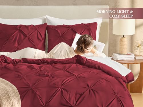 Image of Andency Oversized Queen Pinch Pleat Comforter Set (98 inchx98 inch),3 Piece Lightweight Pintuck Bedding Comforters & Sets, Fluffy Down Alternative Comforter with 2 Pillow Shams for All Season,Burgundy