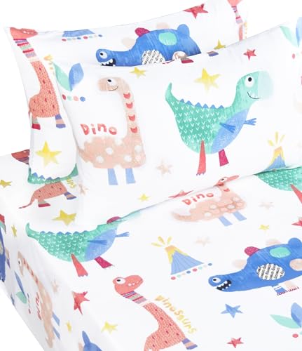 Image of Scientific Sleep Jurassic Big Dinosaur Cute Kids Teen Boys Girls 100% Cotton 4 Pcs Full Bed Sheet Set, Flat Sheet & Fitted Sheet & Pillowcase Kids Bedding Set Full