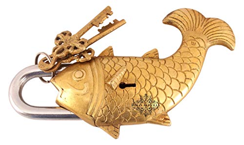Image of IndianArtVilla Handmade Old Vintage Style Antique Fish Shape Brass Security Lock with 2 Keys|Home Temple Office