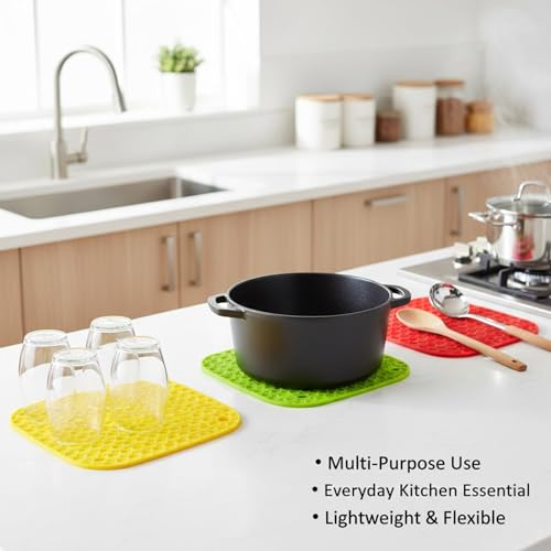 Image of Signamio Silicone Mat for Kitchen - Pack of 4, Heat Resistant Coasters for Dining Table for Hot Pots, Heat Mats - Includes Round, Triangle, Square, Hexagon Shapes for Versatile Use