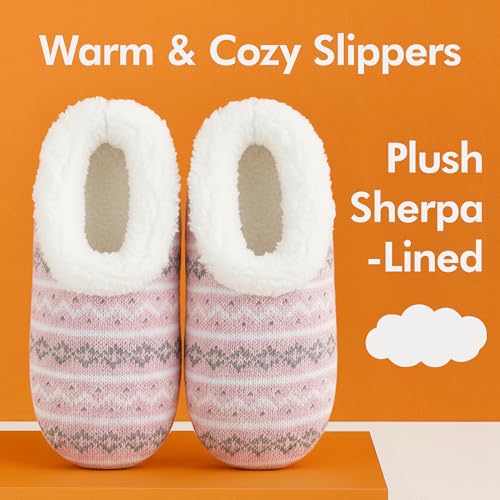 Snoozies Norwegian Knit Slippers for Women with Memory Foam Insole and Soft Sherpa Lining, Slipper Socks with Grips for Women3