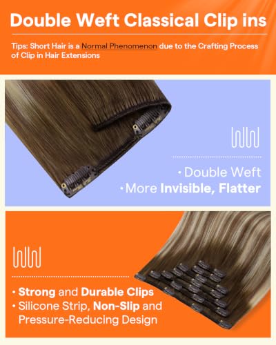 Image of Full Shine Human Hair Clip in Extensions Brown Balayage | Remy Hair Extensions, Balayage Brown to Blonde Ombre, Clip in Hair Extensions, for Thinning Hair, 16 Inch 7 Pcs 120g