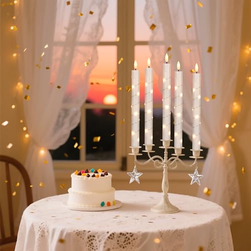 Image of Flameless Taper Candles with Remote for Wedding Decorations,3D Flickering Flame Battery Operated LED Plastic Candles Arounded with Starlight String, Romantic Home Decoration, Pack of 6, White