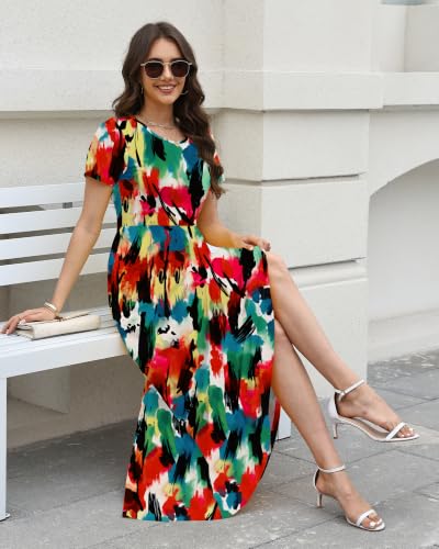 Image of COSSEN Women's Crew Neck Short Sleeve Maxi Dress with Pockets Casual Loose Swing for Wedding Guest Beach Vacation