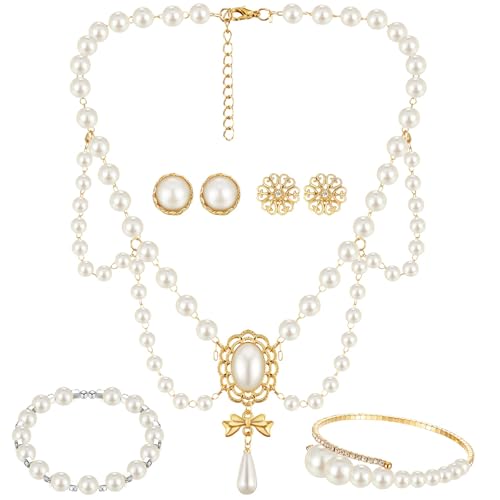 Image of Glenmal Pearl Rhinestone Jewelry Set for Women Pearl Necklace Bracelet Earrings for Wedding Halloween Bridal Shower Tea Party