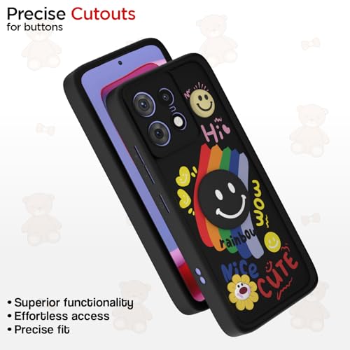 Image of Pikkme Back Cover for Motorola Moto Edge 50 Pro 5G | Soft Silicone| Cute Rainbow Smile & 3D Cartoon Flower Design | Shockproof Raised Camera Protection Bumper Case (Black)