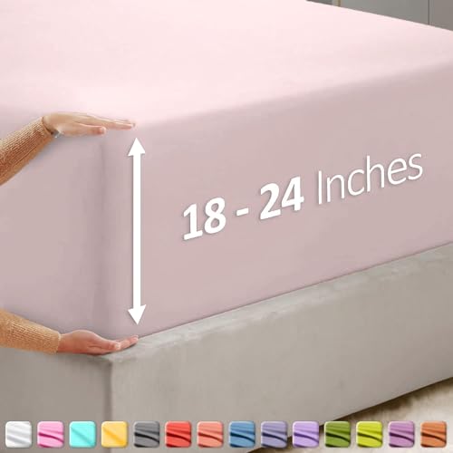 Image of Hearth & Harbor Extra Deep Pocket Twin Fitted Sheet - Fits 18 to 24 Inch Mattress - Ultra Soft 1800 Microfiber, Wrinkle-Free & Breathable - Hotel Luxury Fitted Sheet Only, Peach Beige