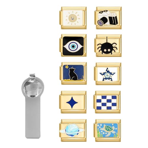 papasgix Italian Charm Bracelet Charms Gold Set with Blue Assorted Charms Opening Tool 9mm Modular Italian Charm Bracelet Links Bulk Pack Handmade DIY Jewelry