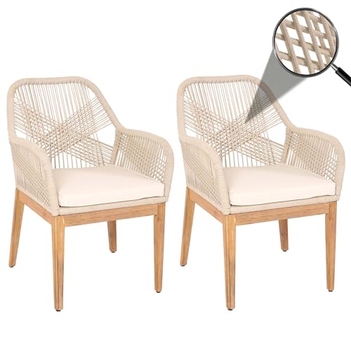 Mendler 2er-Set Gartenstuhl HWC-H56b, Sessel Outdoor, wetterfest Seilgeflecht Rope Holz Akazie - beige Kissen Creme-weiß
