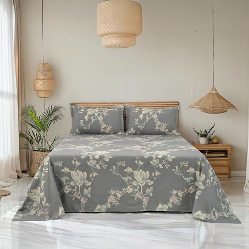Image of Cortina Cloud Cotton King Size Bedsheet with 2 Pillow Covers | Super Soft, Breathable & Skin-Friendly Bedsheet for Double Bed King Size with Flower Print | (Grey + White,270x250 cm)