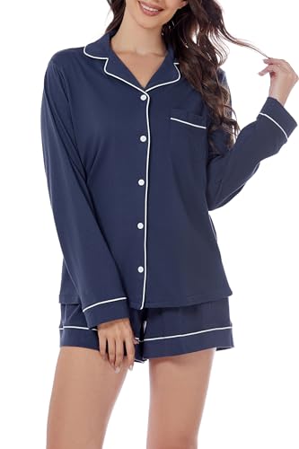 LUBOT 100% Cotton Pajamas for Women 2PC PJ Set Womens Soft Long Sleeve Button-Down Shirt Two Piece Set Sleepwear Loungewear Night Suit (Navy Blue, M)