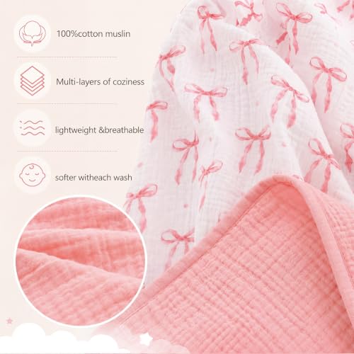 Image of Muslin Baby Blanket for Girls Pink Bow Cotton Toddler Blanket