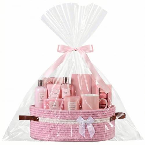 Image of Colingmill Large Woven Basket for Gifts Empty Set with Gift Bags and Ribbon Gift Baskets and Wrapping Set Storage 14 inchx 10 inchx 5.5 inch Decorative Box for Class of 2026 Graduation(Pink)