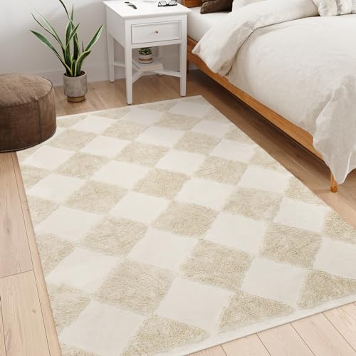 Collive Checkered Boho Rugs For Living Room, 5X7 Beige Large Area Rug Washable Modern Rug Cotton Woven Nursery Rug With Tassels, Soft Tufted Bedroom Carpet For Dorm Kids Room Dining Room Office thumb #5