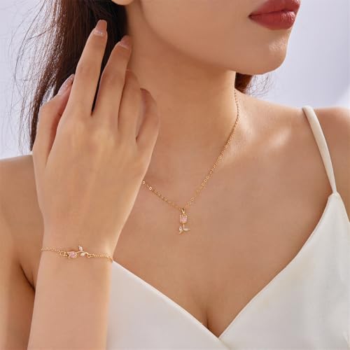 Image of coadipress Tulip Flower Pendant Necklace for Women Dainty Elegant Boho Temperament Crystal Tulip Necklace Trendy Statement Friendship Jewelry