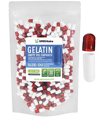Image of XPRS Nutra Size 00 Empty Capsules - 500 Count Empty Gelatin Capsules - Pills DIY Capsule Filling - Fillable Pill Gel Caps for Do-It-Yourself Supplements (Clear Red /White)