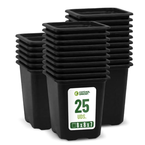 + CONTROL GARDEN Pack 25 Macetas Negras Cuadradas para Plantas 8 x 8 x 7 cm - 25 Maceteros de Plástico para Flores y Siembra 8 x 7 x 7 cm - Ideal Exterior e Interior Flores, Esquejes y Semillas
