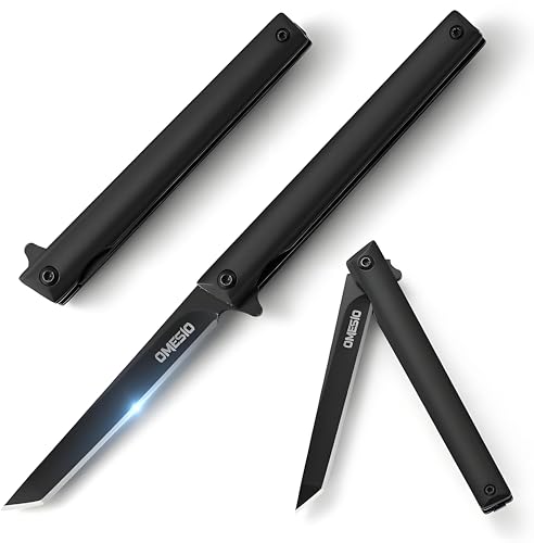 Omesio Couteau pliant aiguisé, couteau de camping pour l'extérieur, Couteau de Poche Fin Slim Pliable d'une Noir