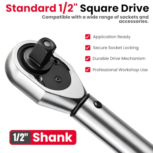 Image of JPT 1 /2 Inch Heavy Duty Drive Torque Wrench 50-350 Nm Adjustable with Reinforced Gear, Forward /Reverse Ratchet & Ball Lock Design - Automotive Torque Wrench for Car Wheels, Bike & Workshop Use